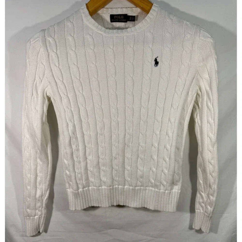 Polo Ralph Lauren White Cable Knit Cotton Sweater Crew Neck Navy Pony Small SP